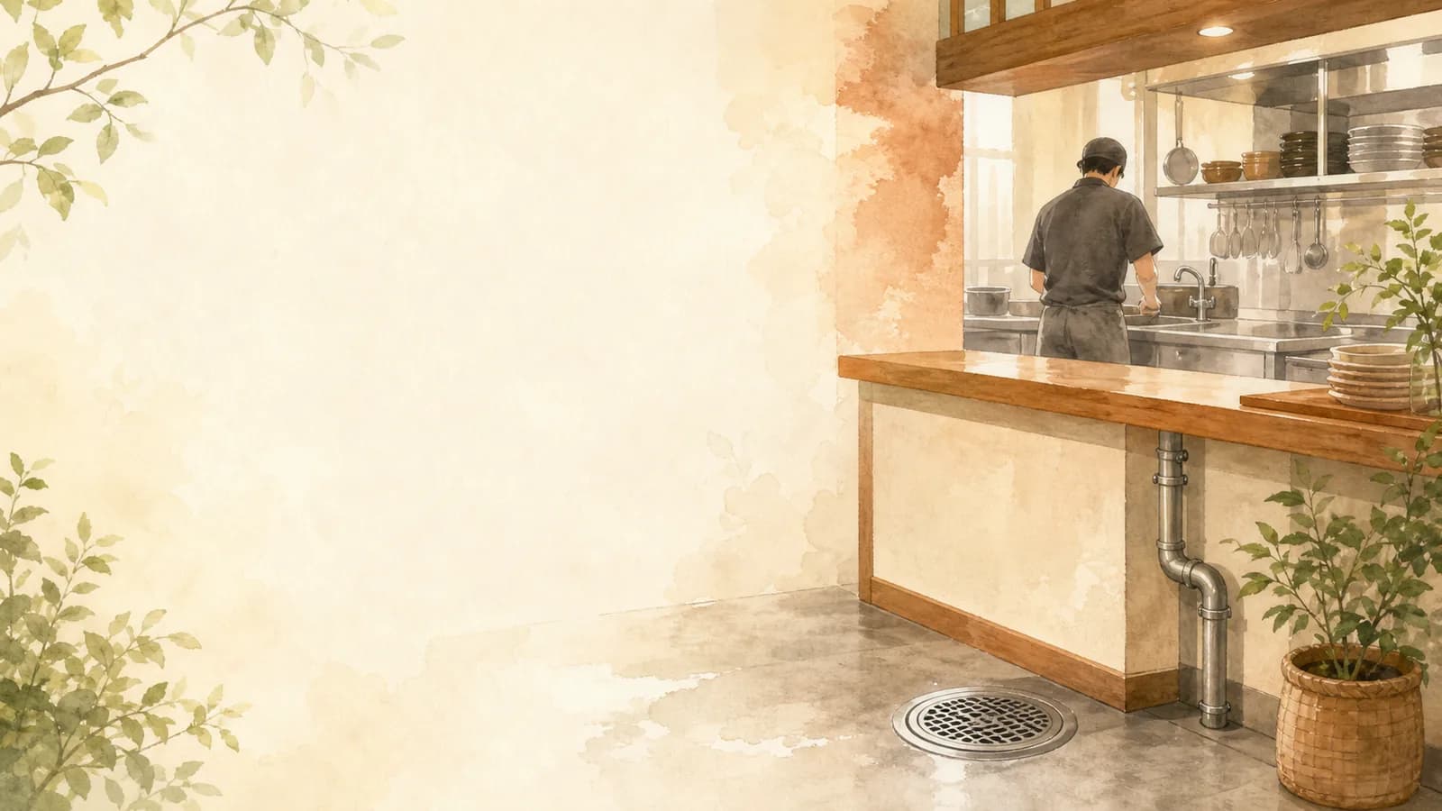 明るい小さな飲食店の厨房と排水口を描いた水彩イラスト