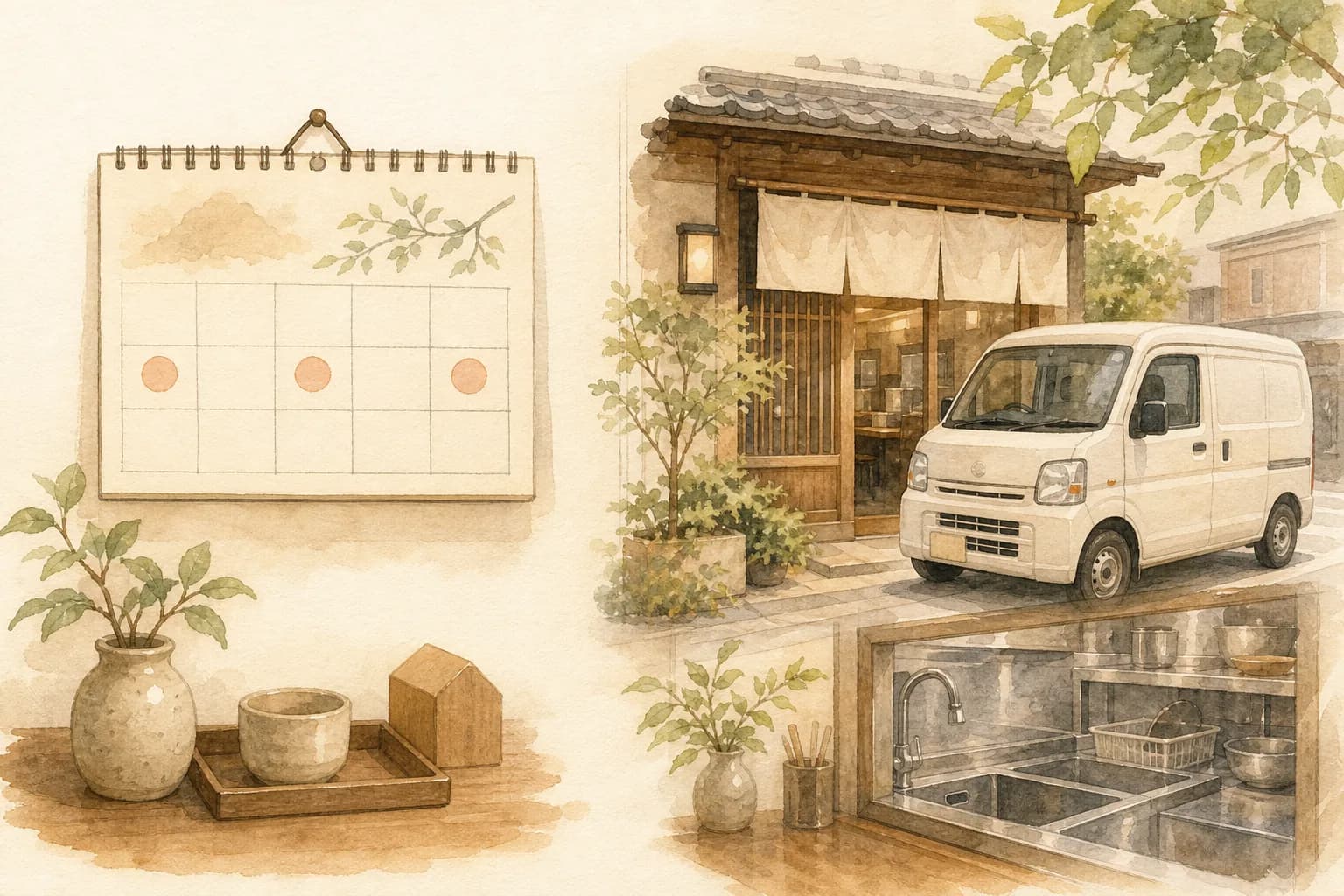 定期訪問のカレンダーと飲食店へ向かう作業車を描いた水彩イラスト