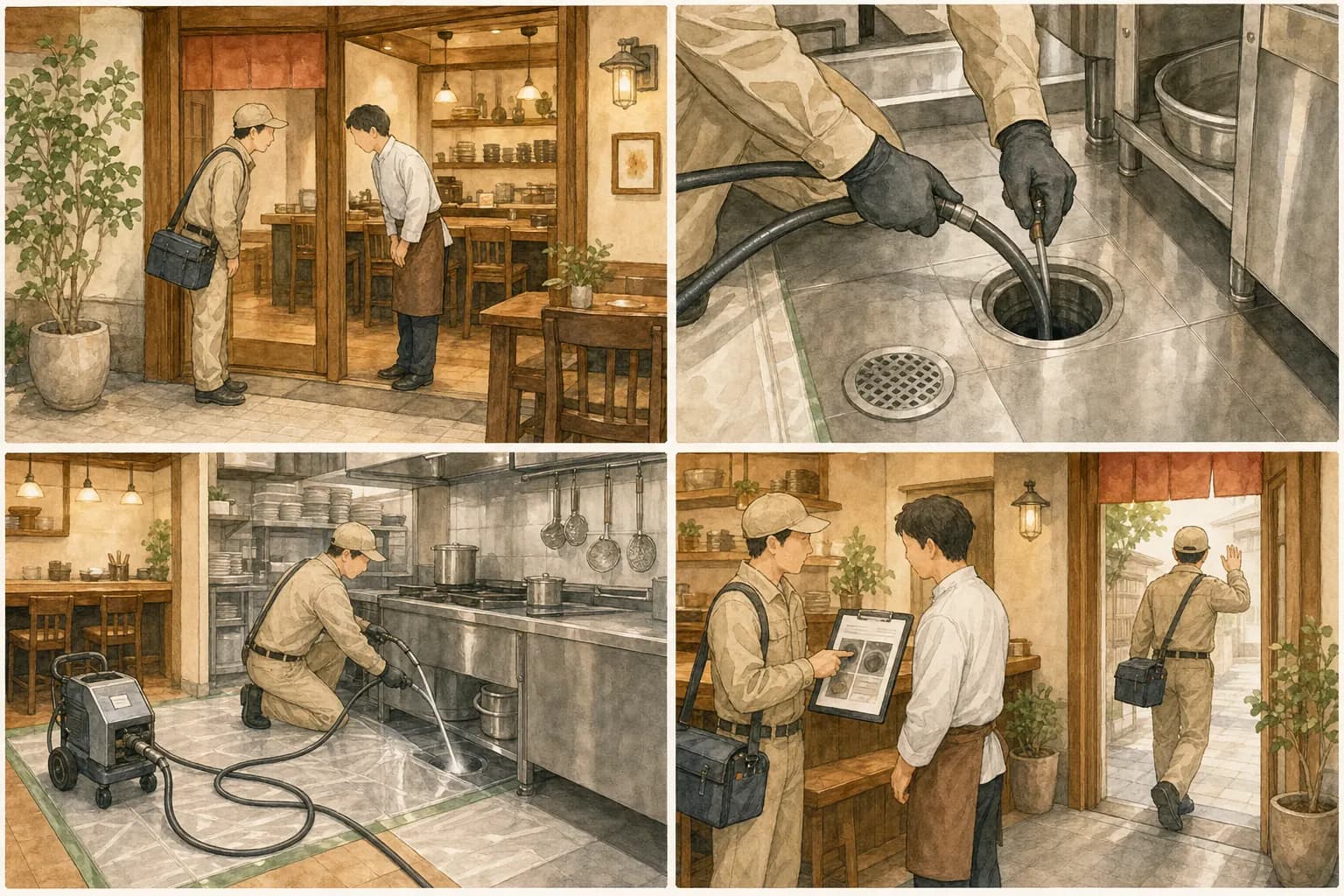 訪問時のあいさつ、ホース挿入、高圧洗浄、作業報告の4場面を描いた水彩イラスト