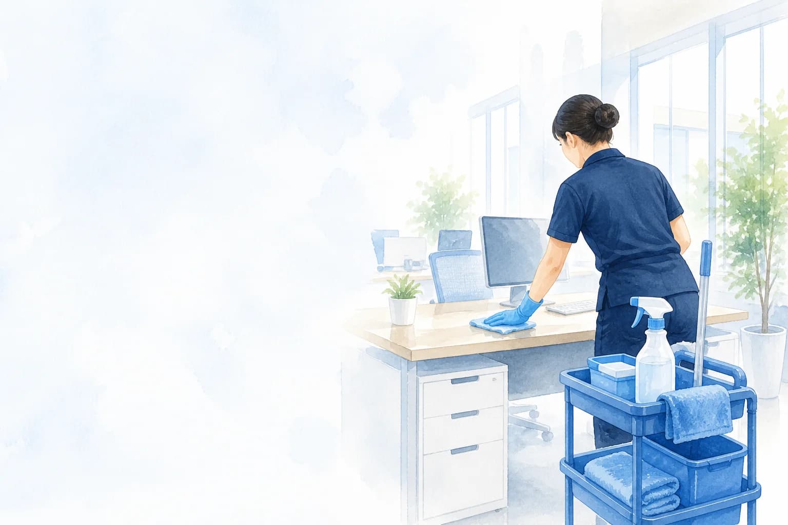 表现办公室日常保洁工作的水彩插图